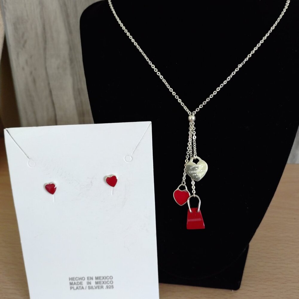 Red  Drop Charms Necklace and Earrings Set